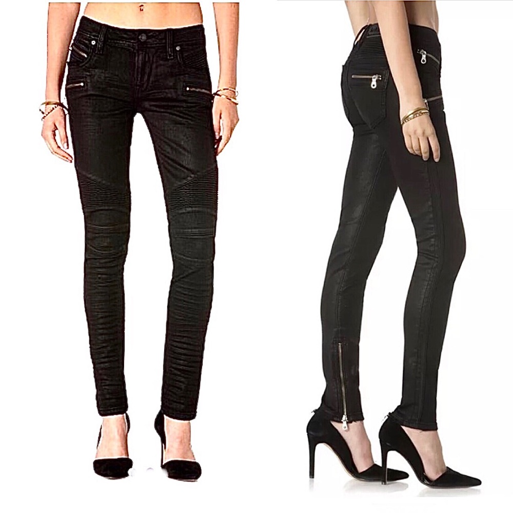 New Rock Revival Black Coated Moto Zip Jeans Sz 26
